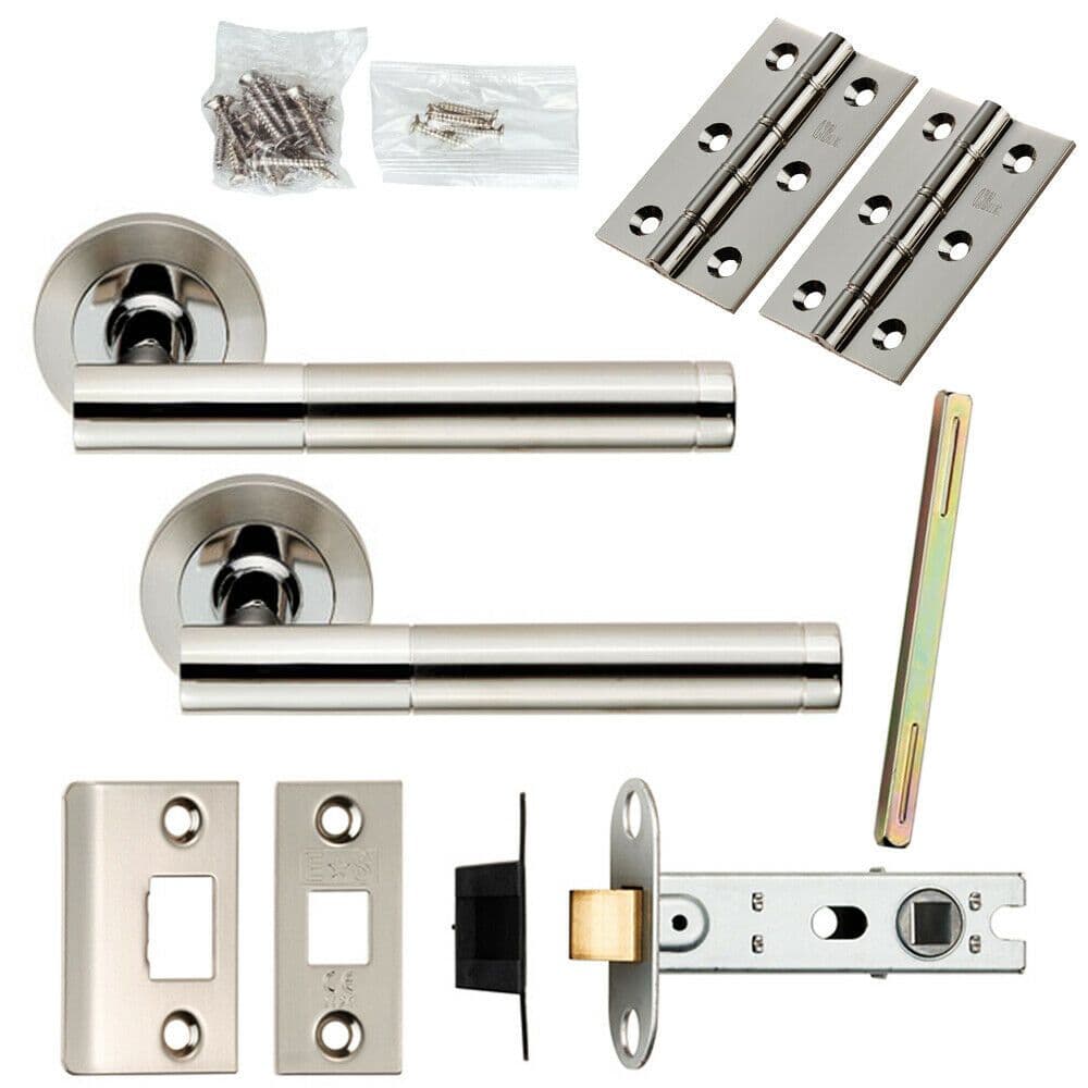 Door Handle & Latch Pack Polished & Satin Steel Round T Bar Screwless Rose