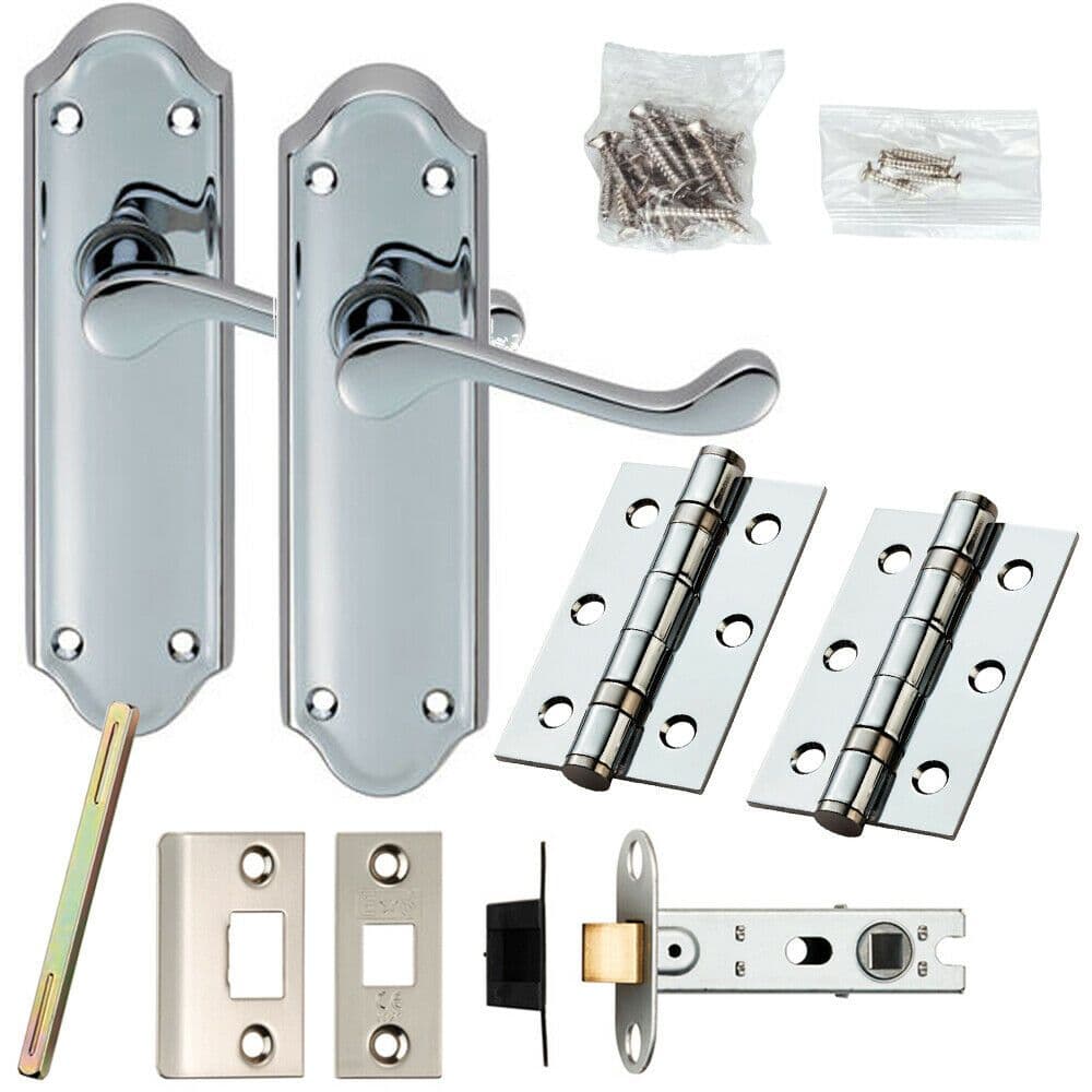 Door Handle & Latch Pack Chrome Victorian Scroll Lever Backplate 168 x 47mm