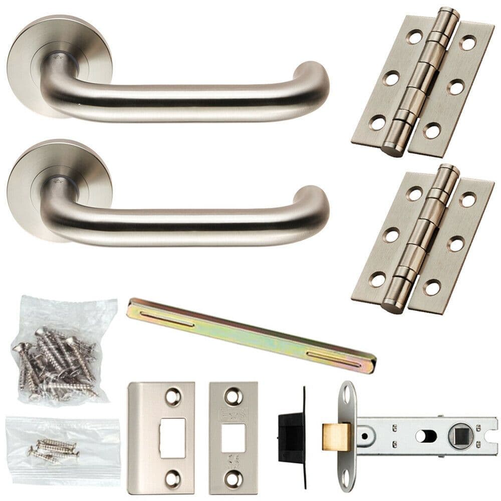 Door Handle & Latch Pack Satin Steel Smooth Curve Lever Screwless Round