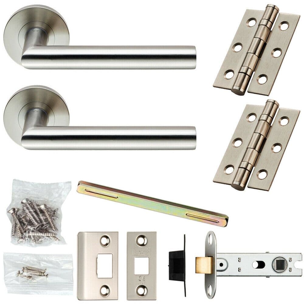 Door Handle & Latch Pack Satin Steel Mitred Straight Bar Screwless Round