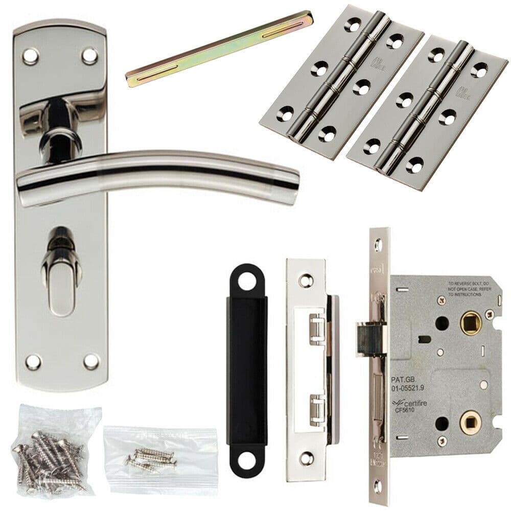 Door Handle & Bathroom Lock Pack Polished & Satin Steel Curved Turn Backplate