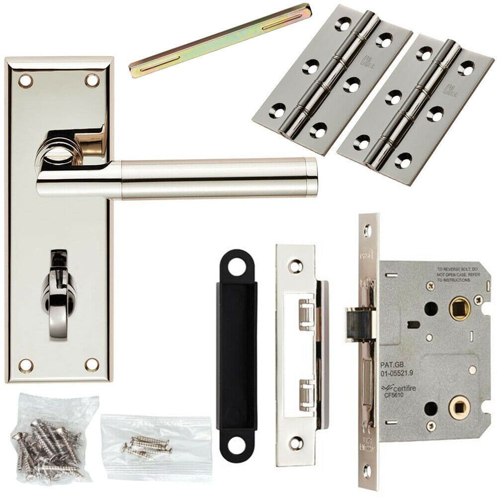 Door Handle & Bathroom Lock Pack Polished & Satin Nickel Mitred Lever Backplate