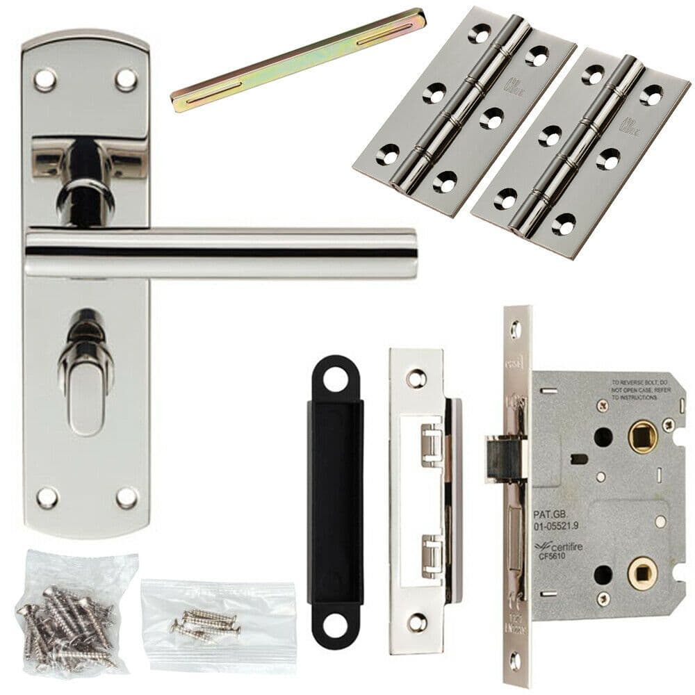 Door Handle & Bathroom Lock Pack Polished Steel T Bar Lever Turn Backplate