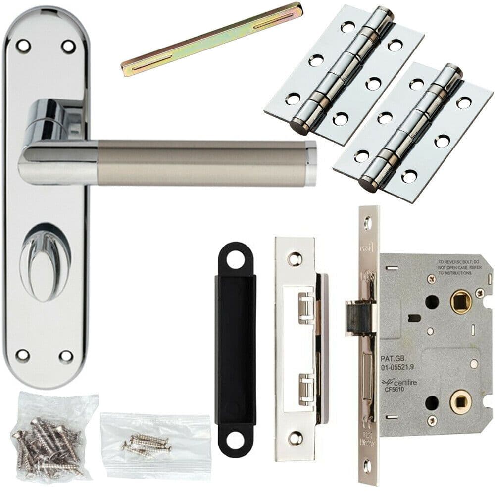 Door Handle & Bathroom Lock Pack Chrome & Satin Nickel Modern Flat Backplate
