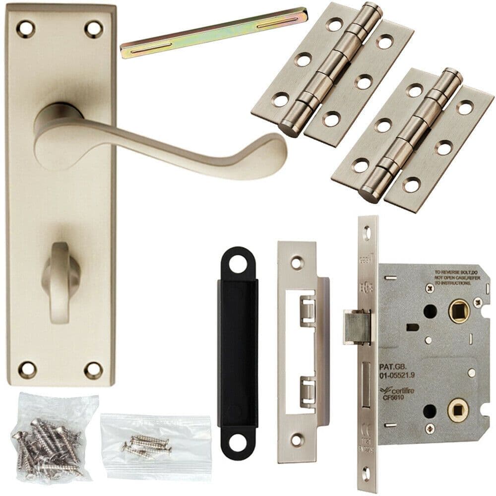 Door Handle & Bathroom Lock Pack Satin Chrome Victorian Scroll Bar Backplate