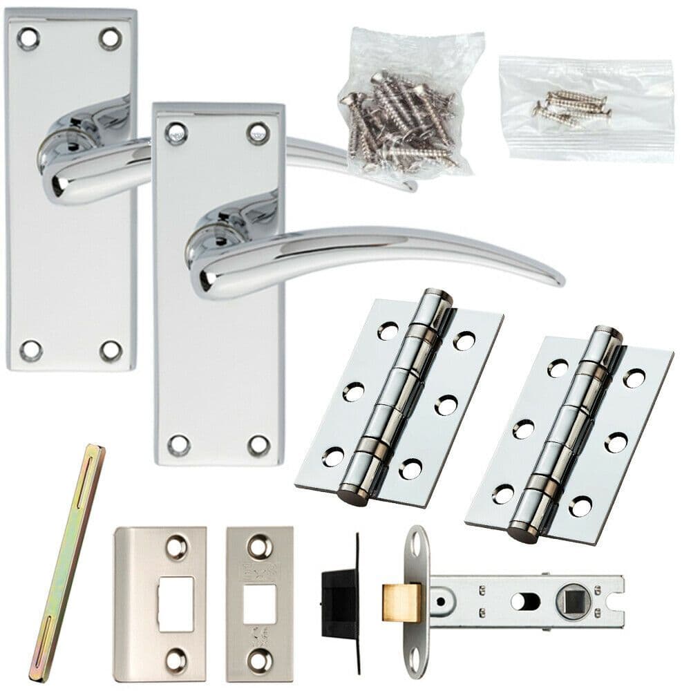 Door Handle & Latch Pack Chrome Arched Lever on Square Backplate 150 x 43mm