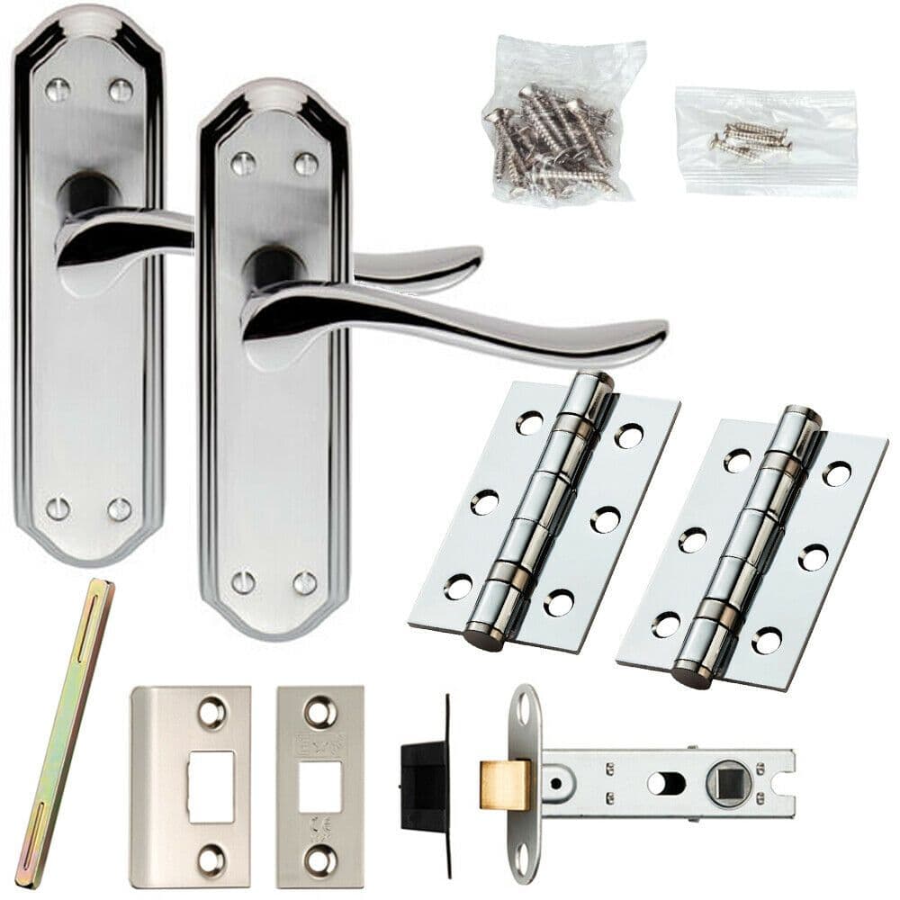 Door Handle & Latch Pack Chrome & Satin Nickel Curved Lever Ornate Backplate