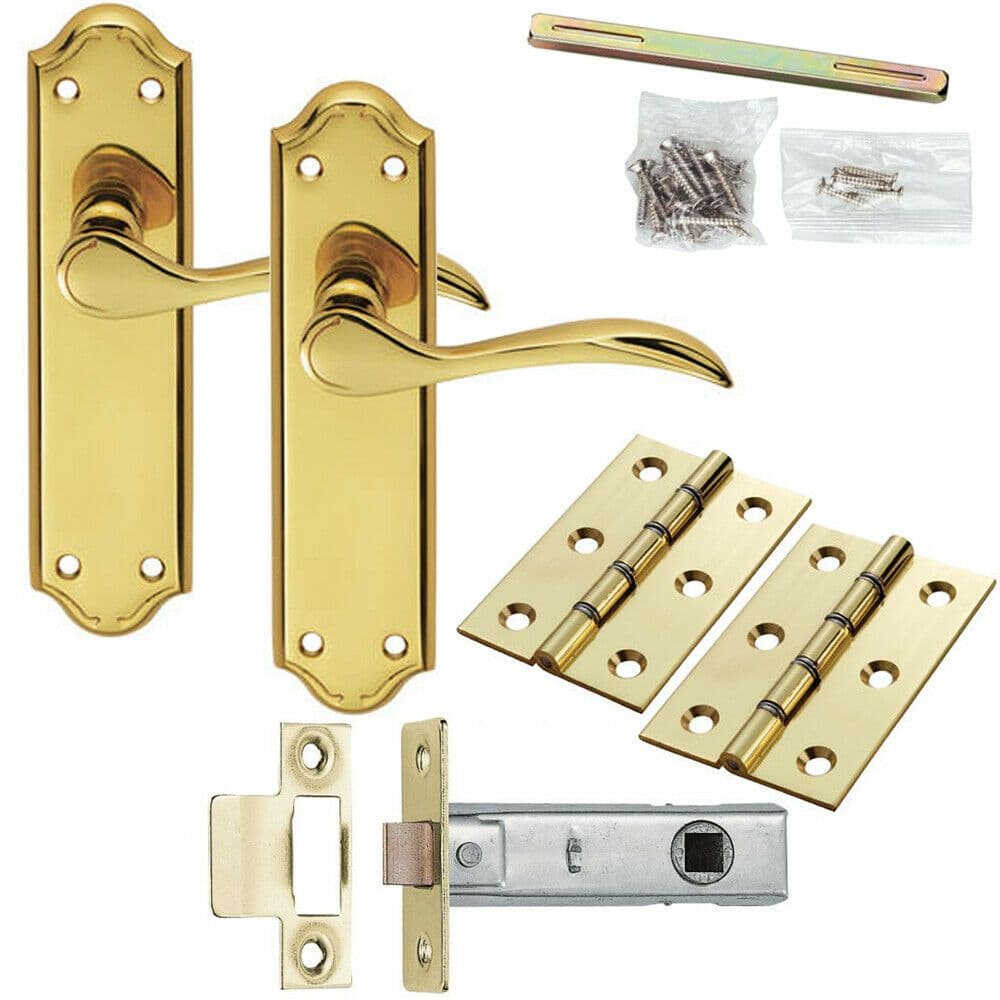 Door Handle & Latch Pack Brass Modern Scroll Curved Lever Ornate Backplate