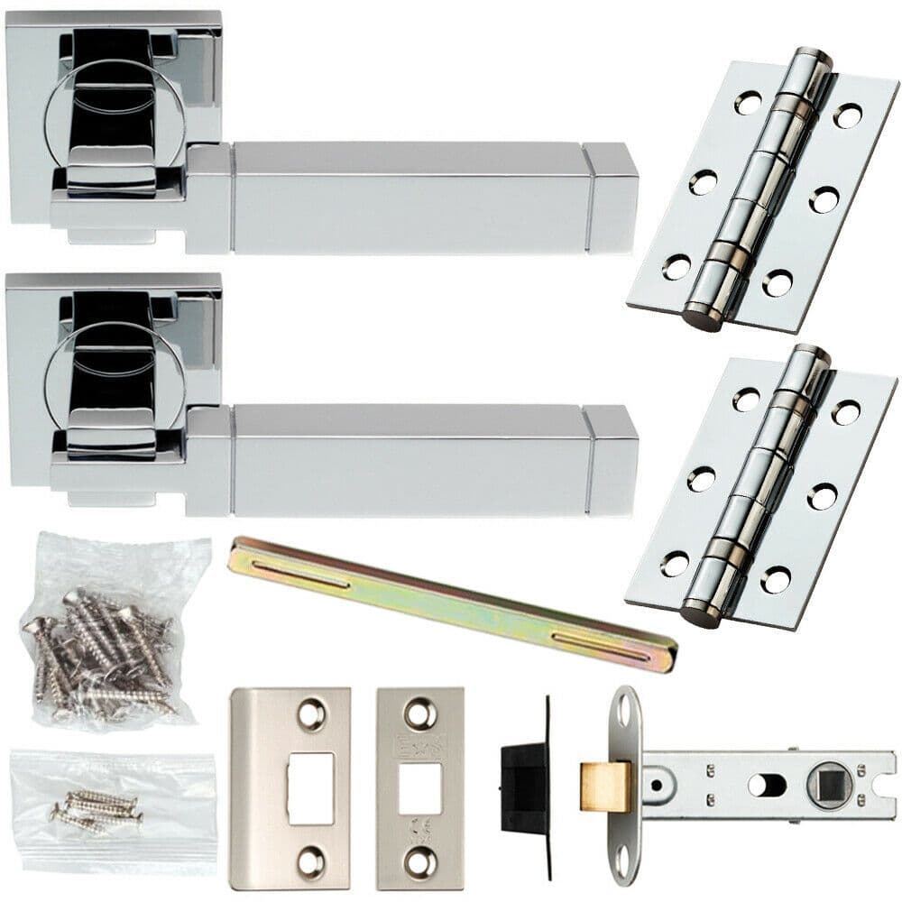 Door Handle & Latch Pack Chrome Etched Cube Sleek Bar on Screwless Square
