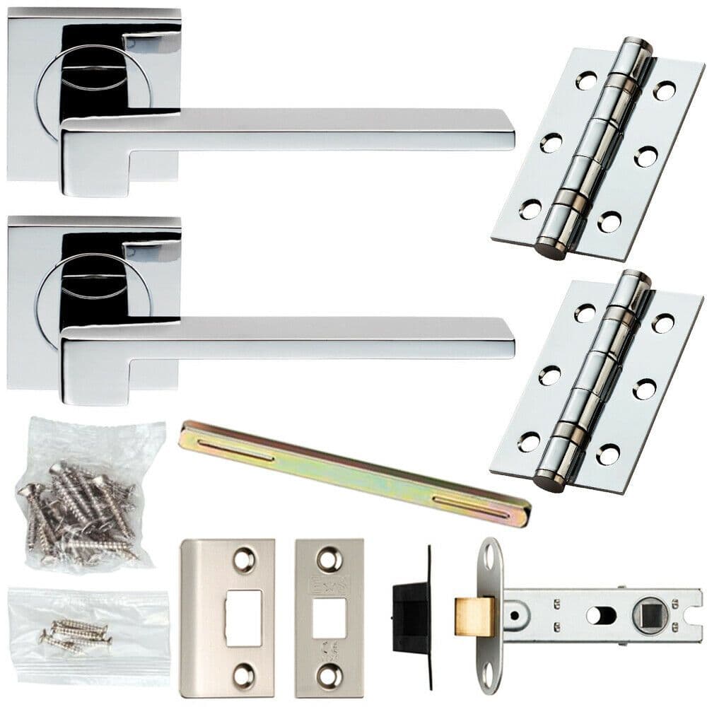 Door Handle & Latch Pack Chrome Modern Flat Slim Bar on Screwless Square Rose