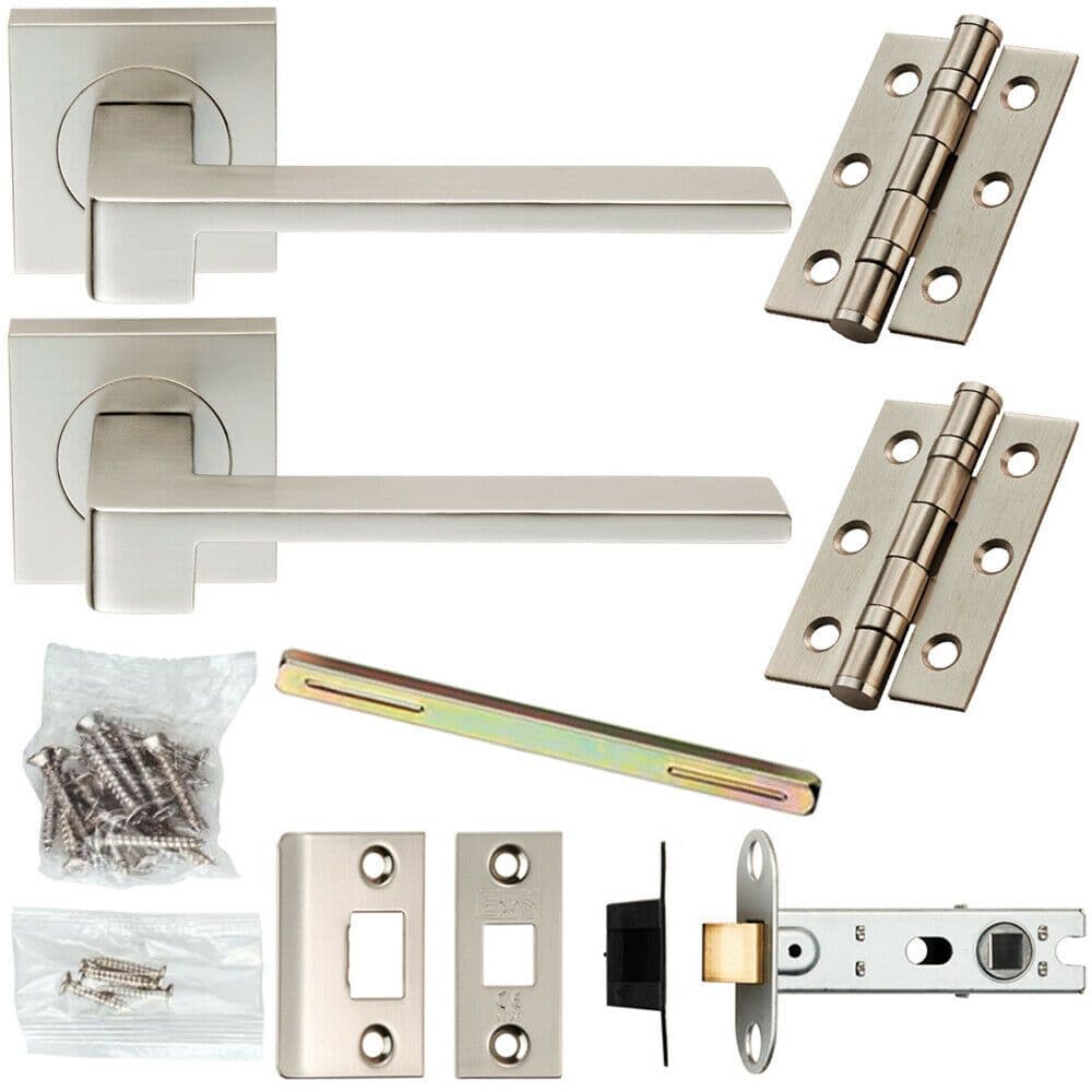 Door Handle & Latch Pack Satin Chrome Modern Flat Lever Screwless Square