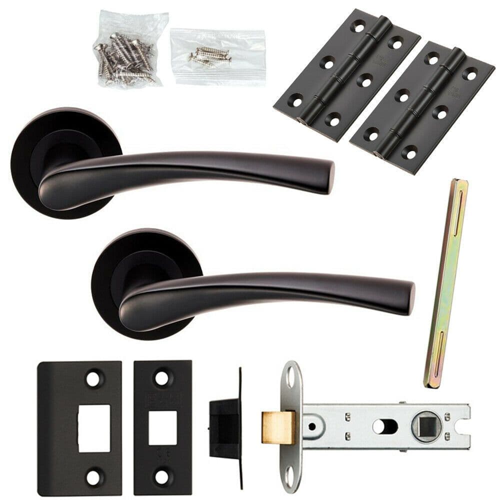 Door Handle & Latch Pack Matt Twist Curved Lever Screwless Round Rose