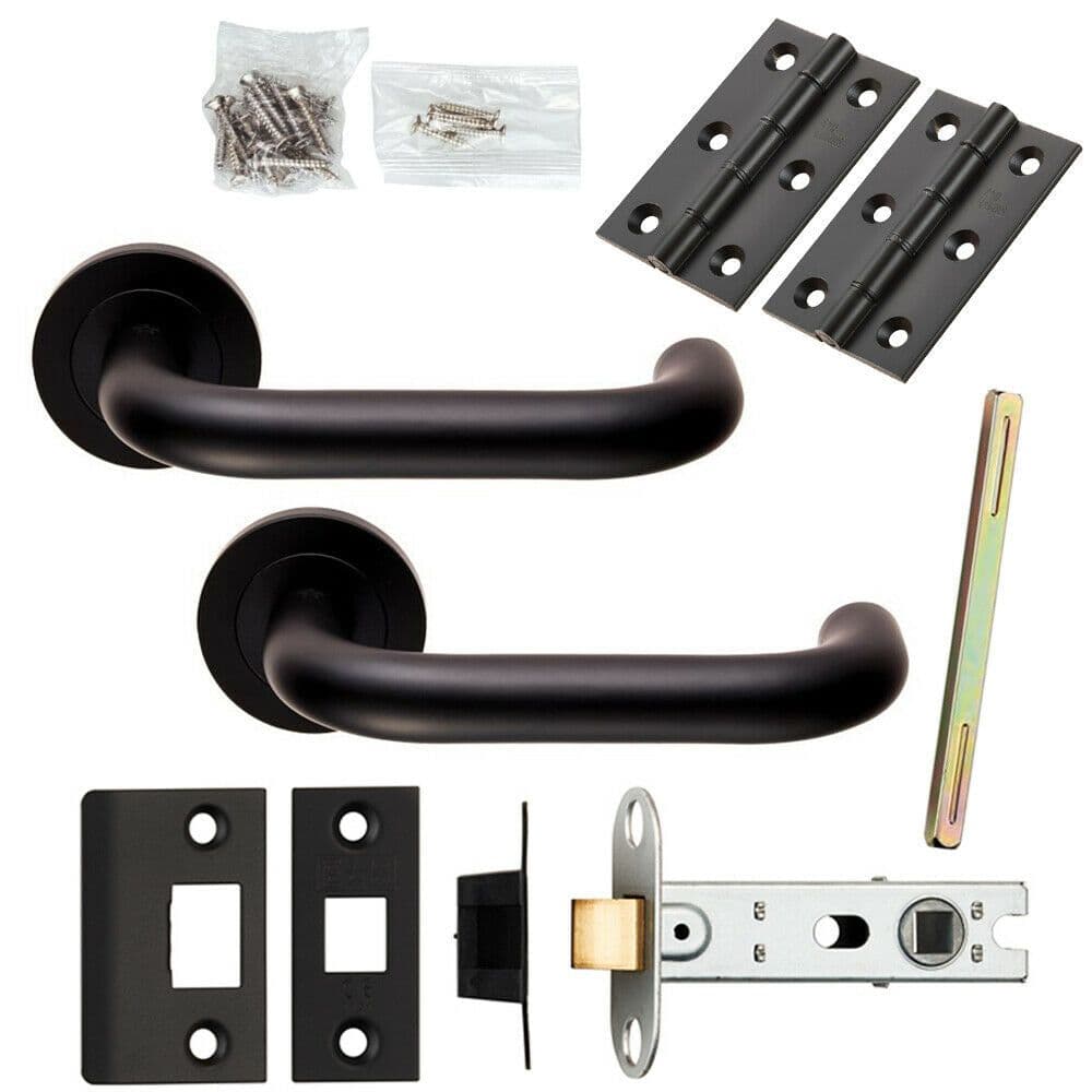 Door Handle & Latch Pack Matt Curved Safety Lever Screwless Round Rose