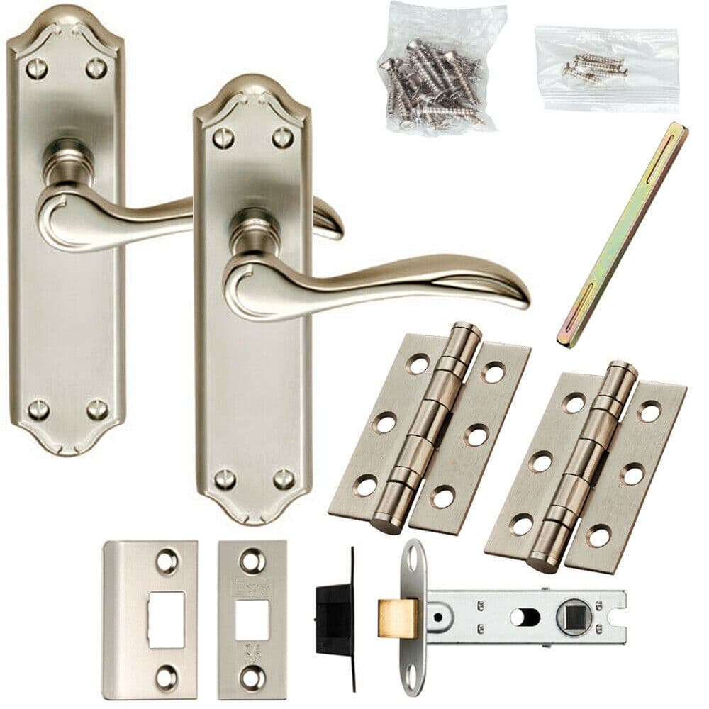 Door Handle & Latch Pack Satin Chrome Victorian Curved Lever Ornate Backplate