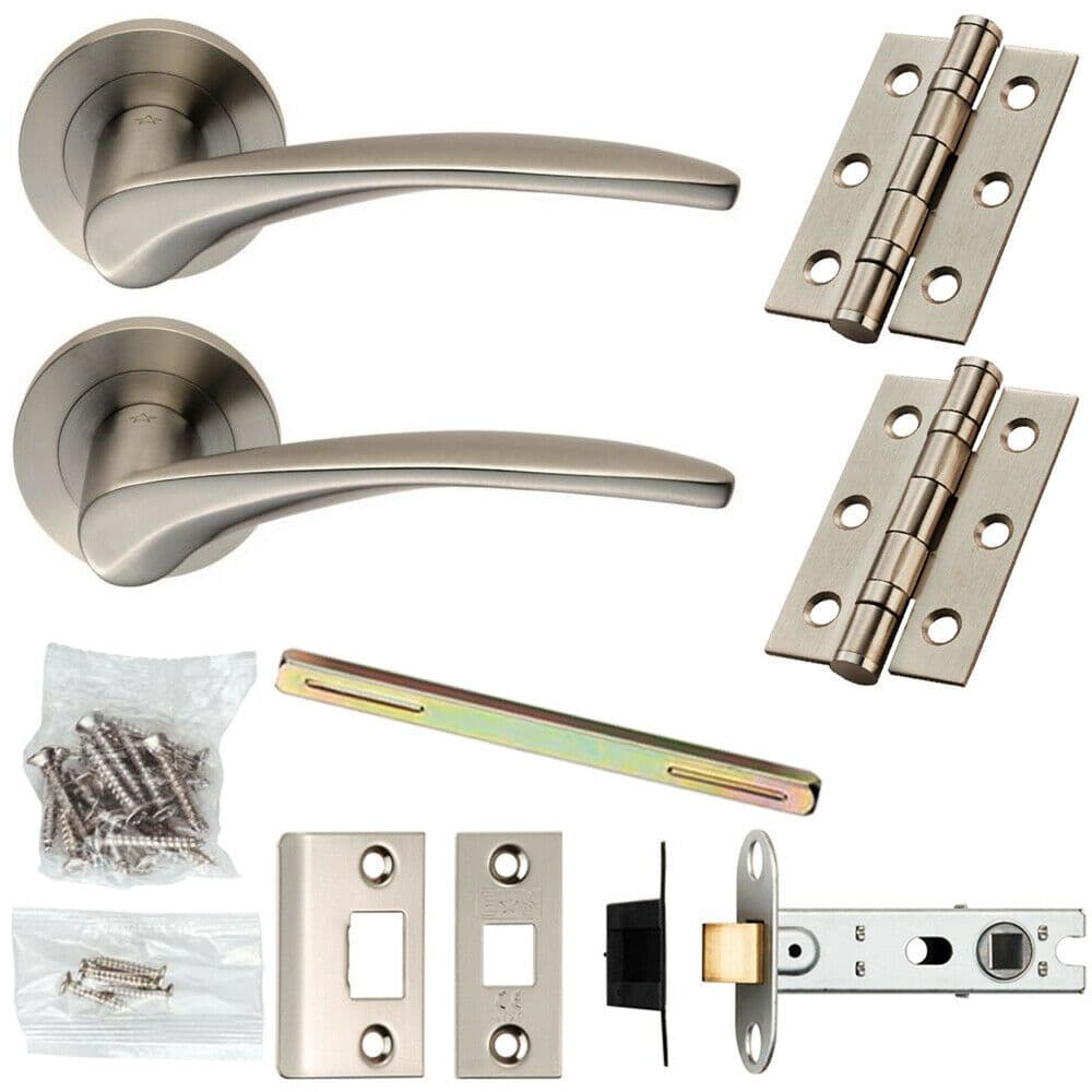 Door Handle & Latch Pack Satin Steel Smooth Arched Lever Screwless Round Rose