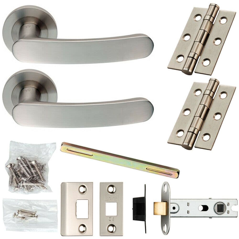 Door Handle & Latch Pack Satin Steel Flat Curved Lever Screwless Round Rose