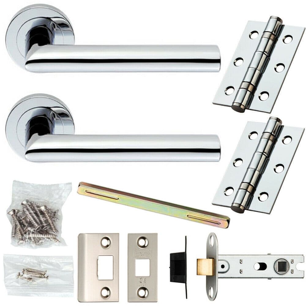 Door Handle & Latch Pack Chrome Modern Straight Round on Screwless Round Rose