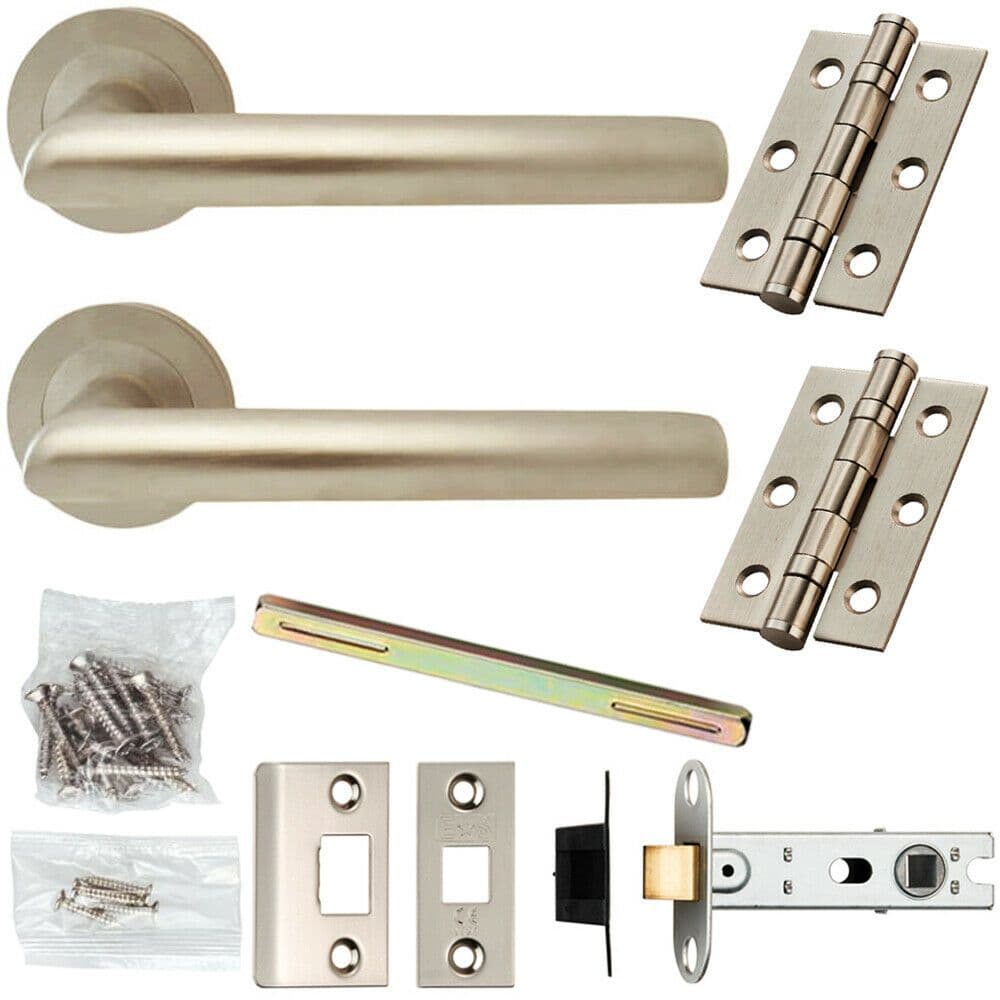 Door Handle & Latch Pack Satin Chrome Modern Mitred Lever Screwless Round