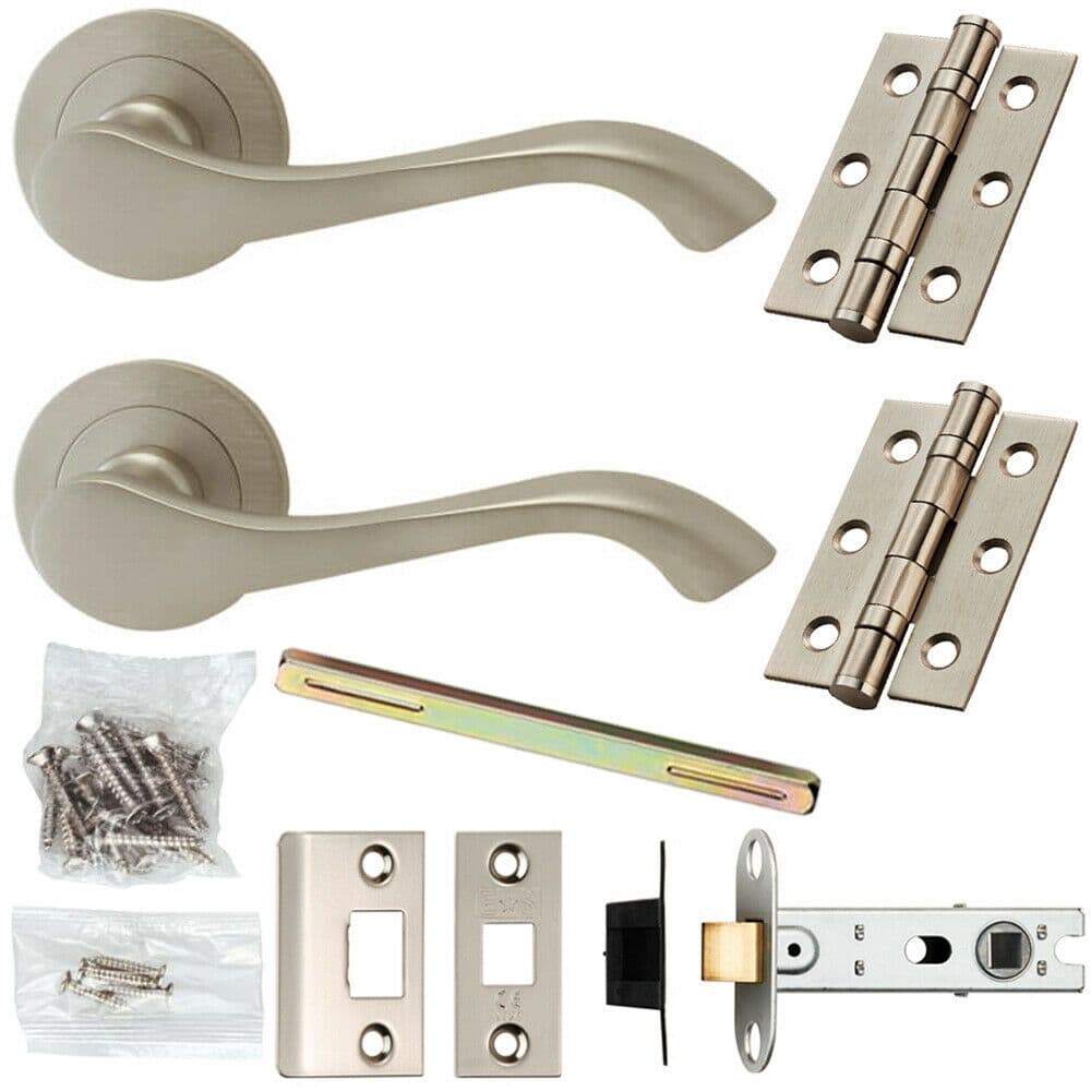 Door Handle & Latch Pack Satin Chrome Curved Scroll Lever Screwless Round