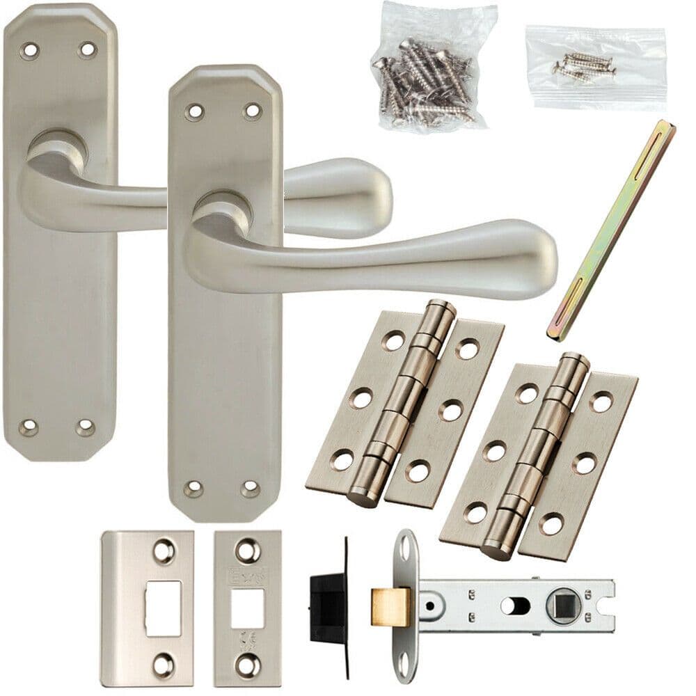 Door Handle & Latch Pack Satin Chrome Heavy Duty Prism on Rounded Backplate