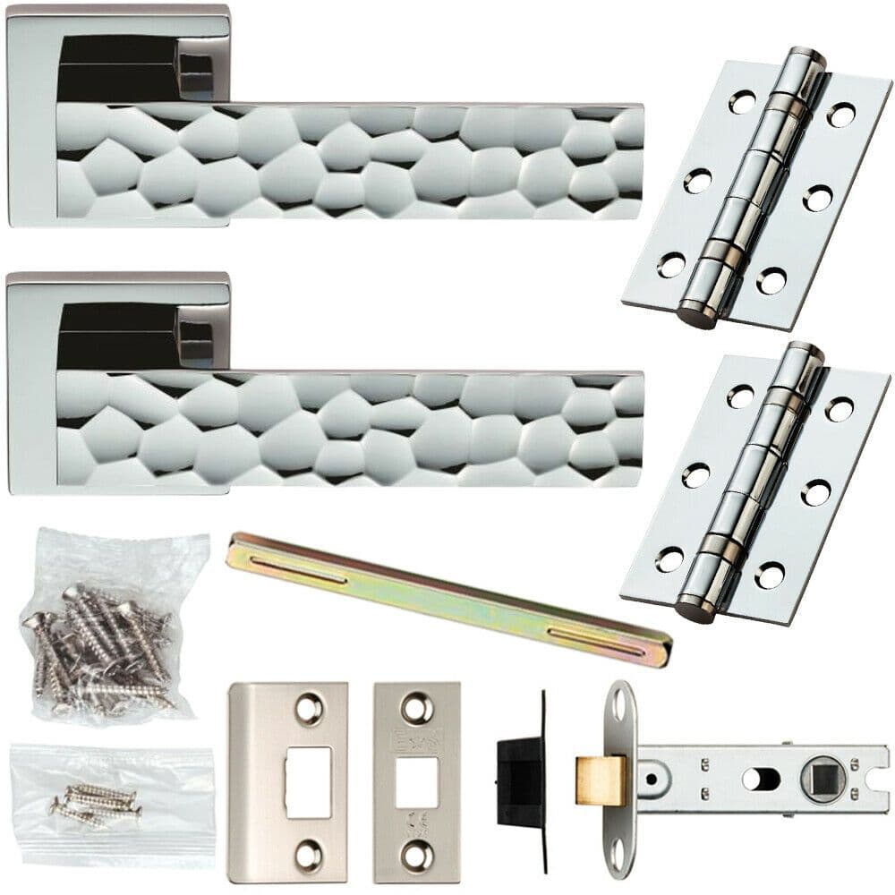 Door Handle & Latch Pack PREMIUM Hammered Chrome Slim on Screwless Square