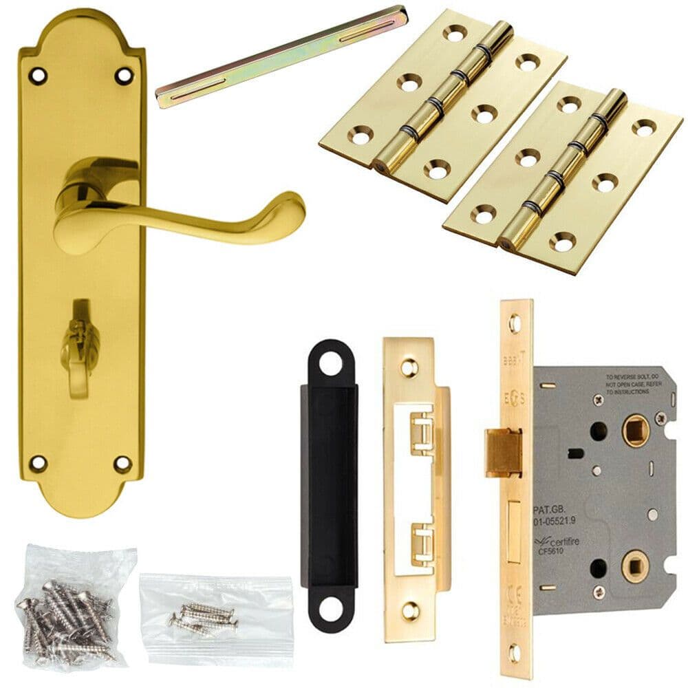 Door Handle & Bathroom Lock Pack Brass Victorian Scroll Ornate Backplate