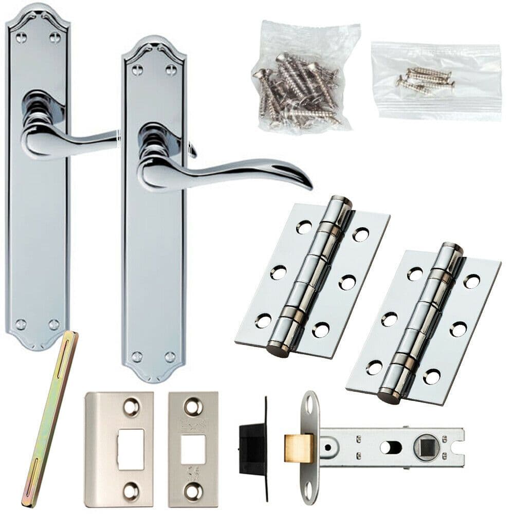 Door Handle & Latch Pack Chrome Victorian Scroll Lever on Backplate 245 x 45mm