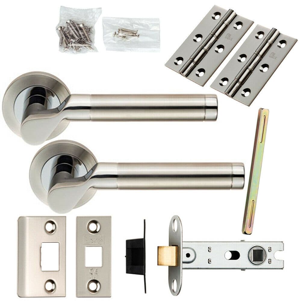 Door Handle & Latch Pack Polished & Satin Steel Cranked Bar Screwless