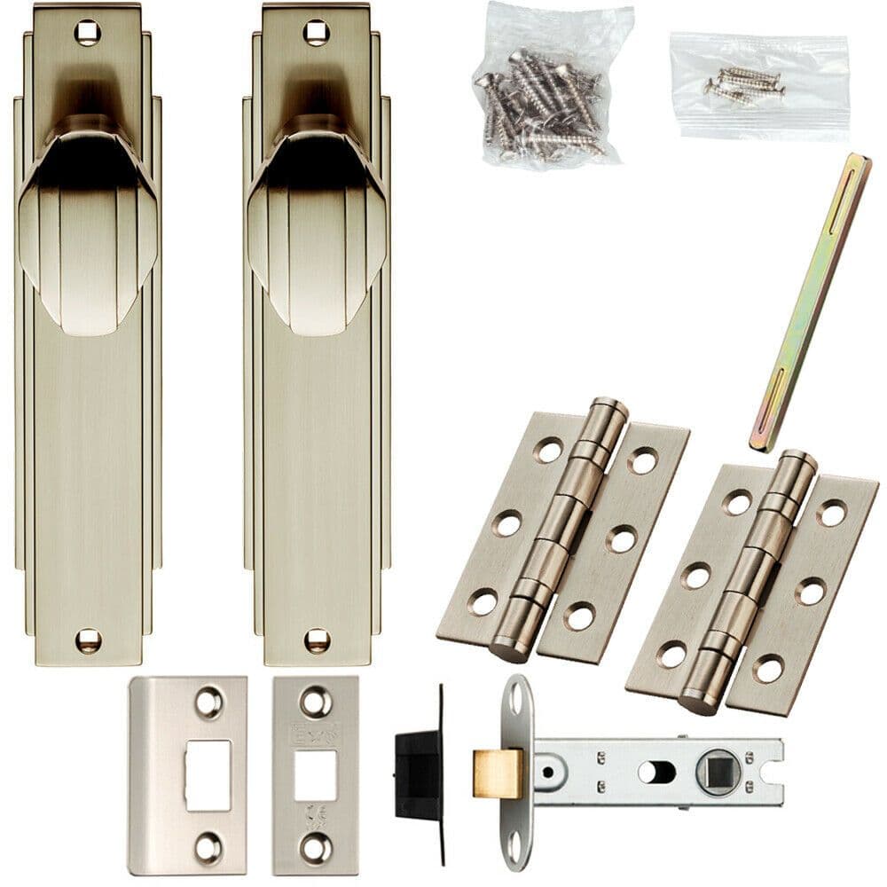 Door Knob & Latch Pack Satin Nickel Art Deco Premium Lever Slim Backplate