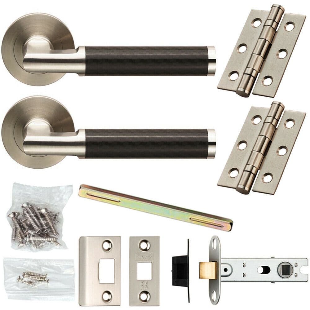Door Handle & Latch Pack Satin Steel & Carbon Fibre Lever Screwless Round