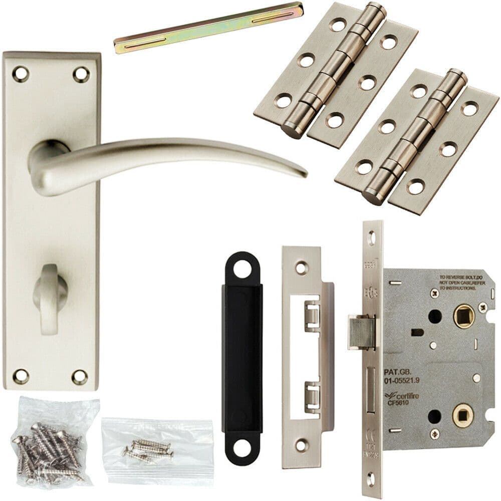 Door Handle & Bathroom Lock Pack Satin Chrome Slim Arched Curved Bar Backplate