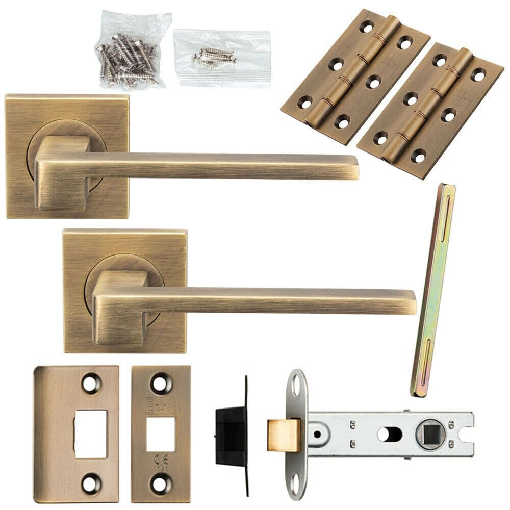 Door Handle & Latch Pack Antique Brass Straight Lever Screwless Square Rose