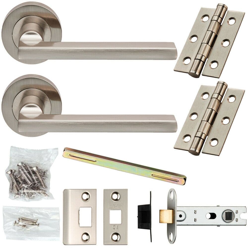 Door Handle & Latch Pack Satin Nickel Straight Slim Lever Screwless Round Rose