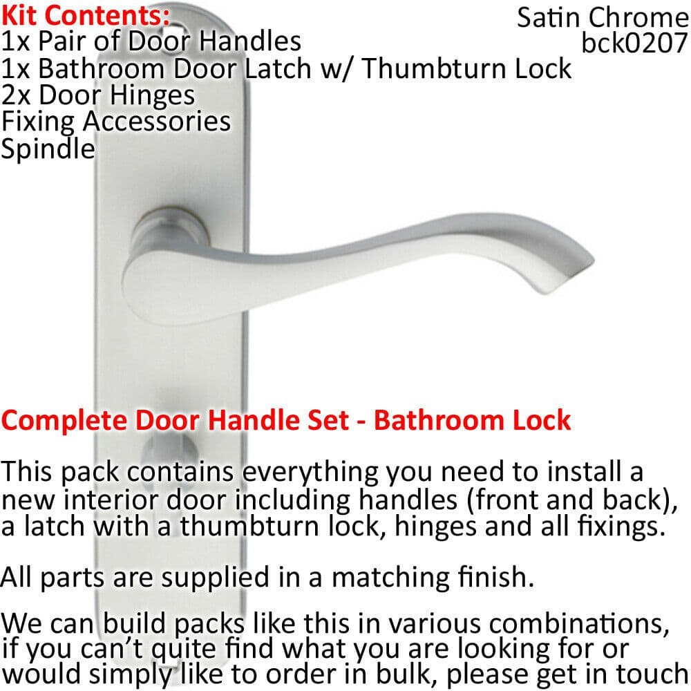 Door Handle & Bathroom Lock Pack Satin Chrome Victorian Curved Arm Backplate
