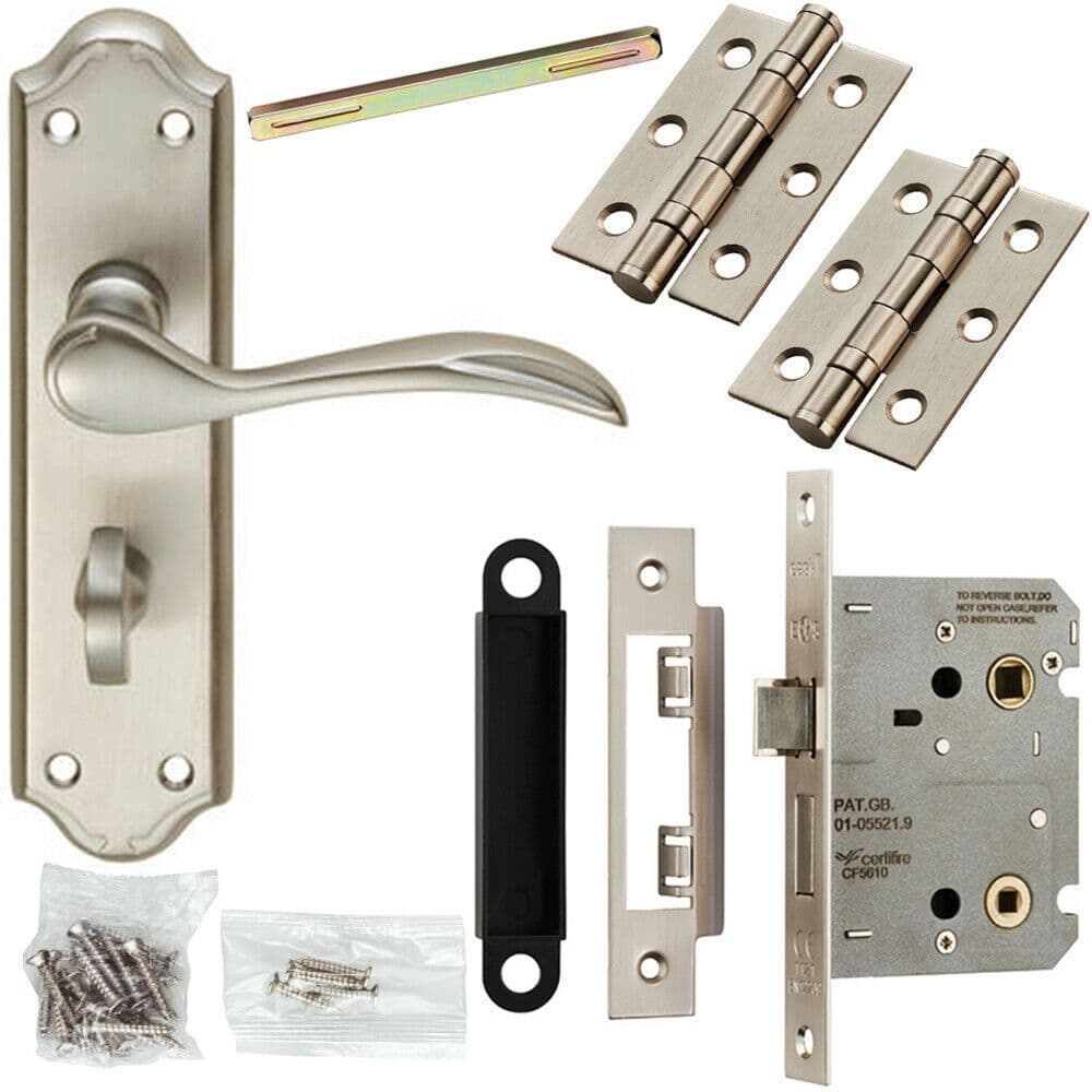 Door Handle & Bathroom Lock Pack Satin Chrome Victorian Curved Ornate Backplate