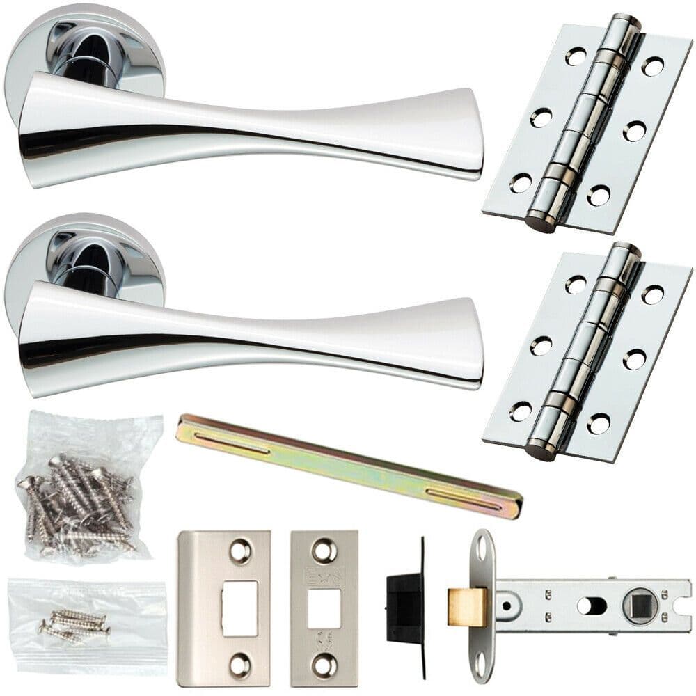 Door Handle & Latch Pack Chrome Modern Twisted Bow Bar on Screwless Round