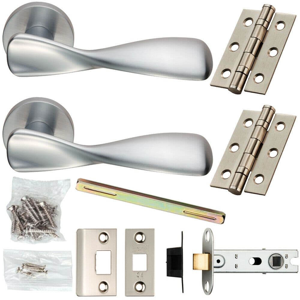Door Handle & Latch Pack Satin Chrome Smooth Twist Lever Screwless Round
