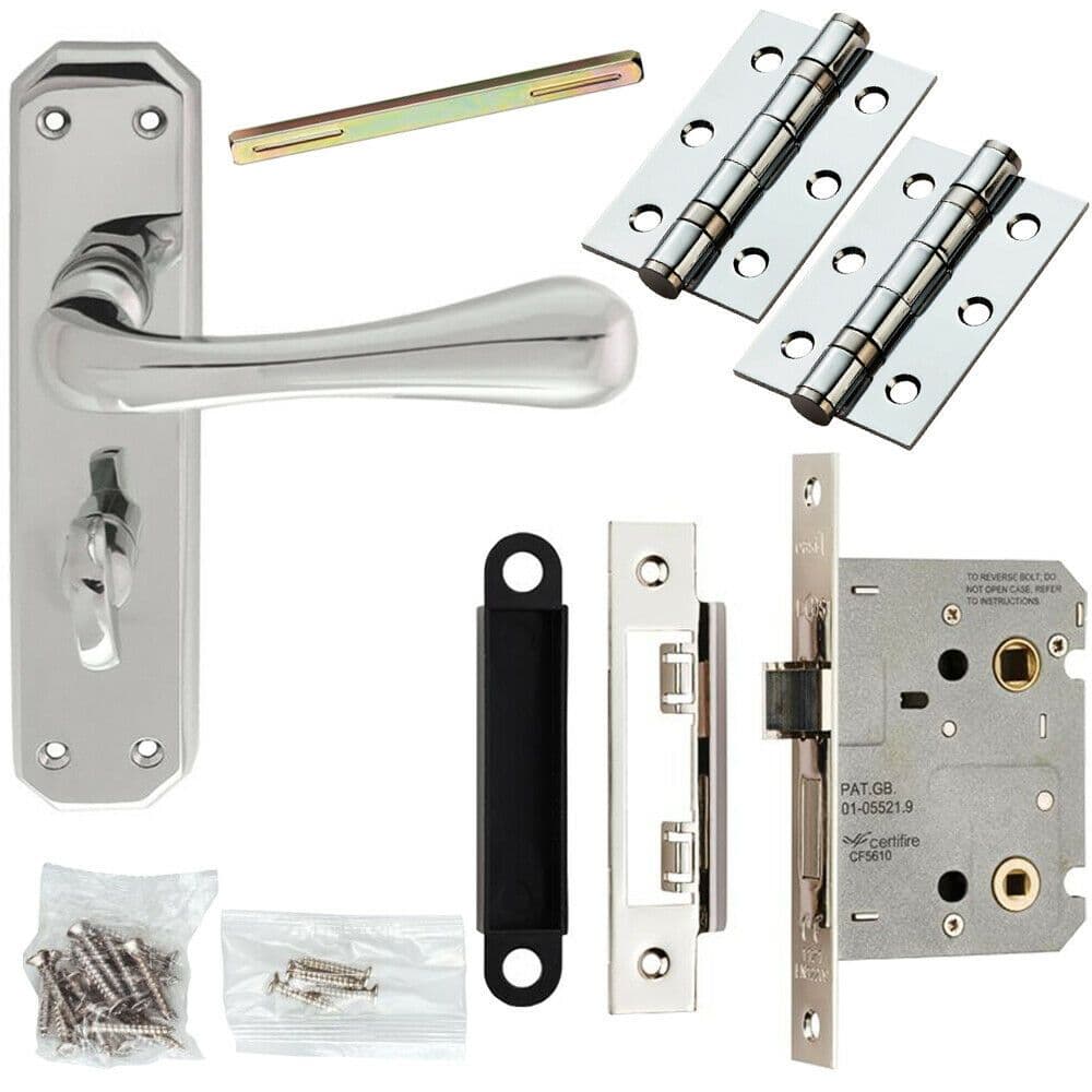 Door Handle & Bathroom Lock Pack Chrome Heavy Duty Prism Thumb Turn Backplate