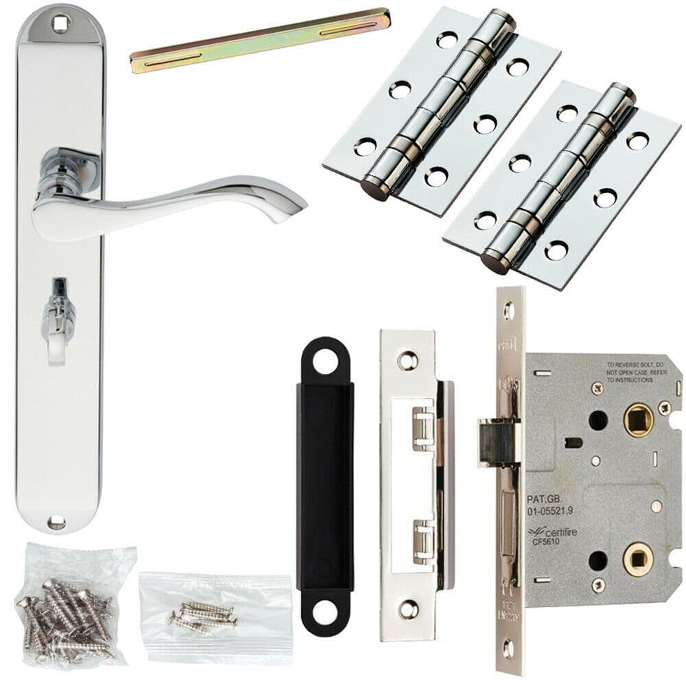 Door Handle & Bathroom Lock Pack Chrome Slim Curved Arm Thumb Turn Backplate