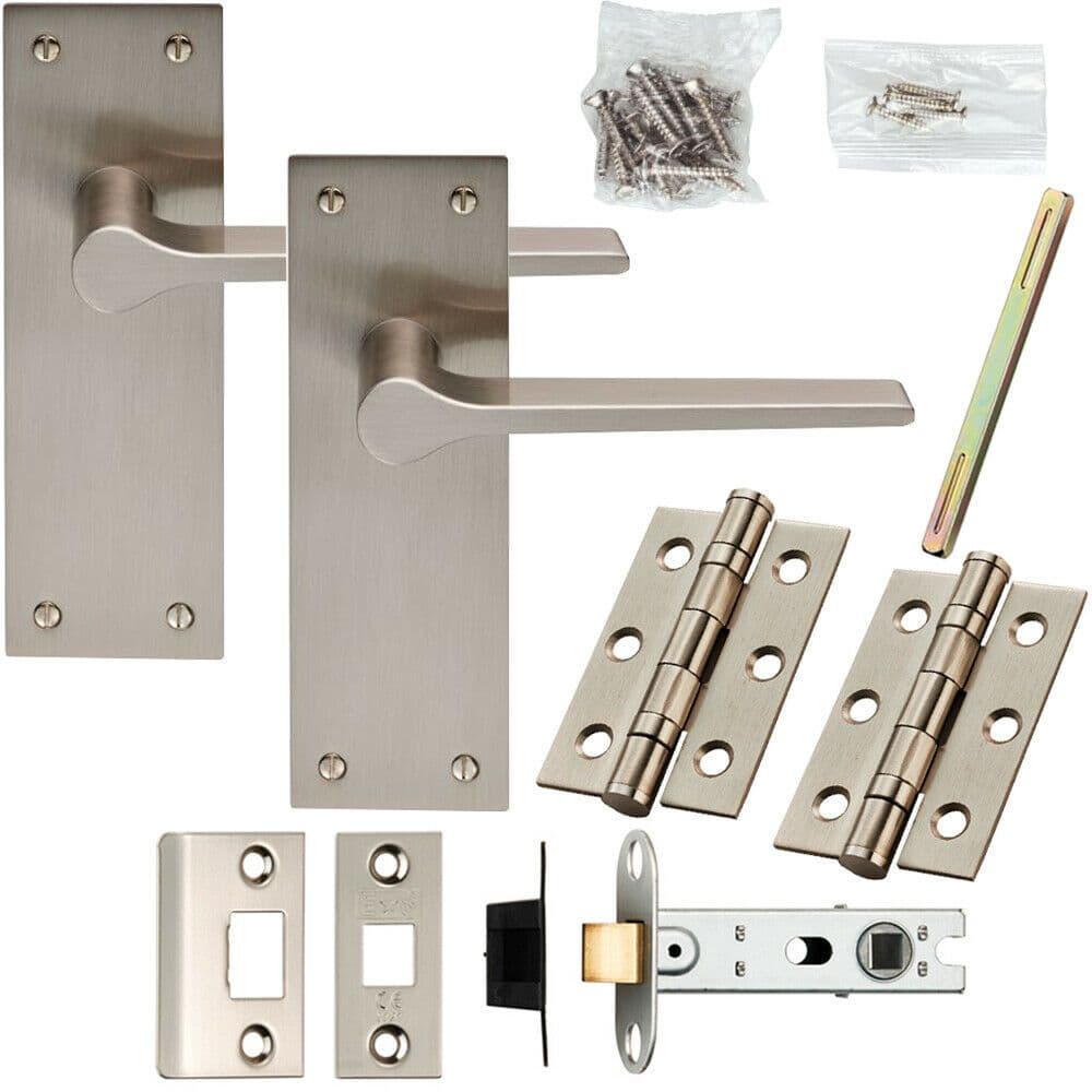 Door Handle & Latch Pack Satin Nickel Low Profile Flat Lever Square Backplate