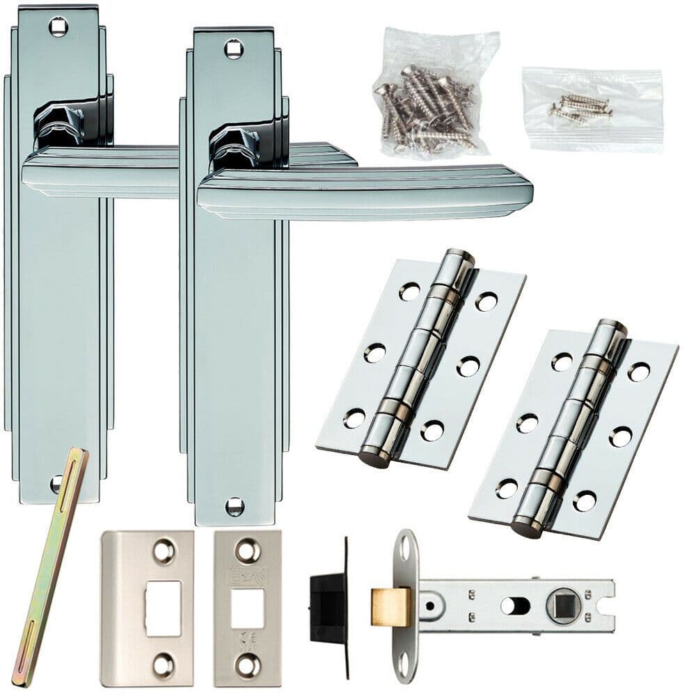 Door Handle & Latch Pack Chrome Art Deco Premium Lever on Backplate 205 x 45mm