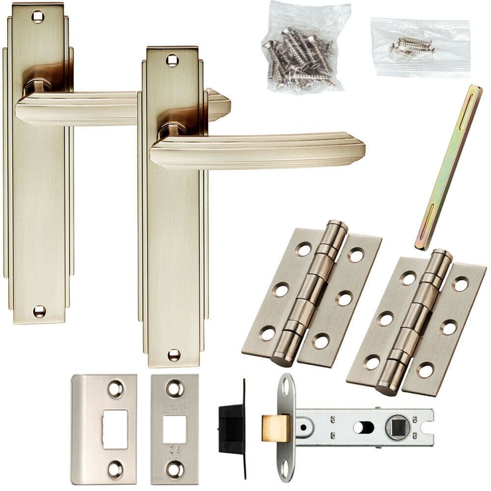 Door Handle & Latch Pack Satin Nickel Art Deco Premium Lever Slim Backplate