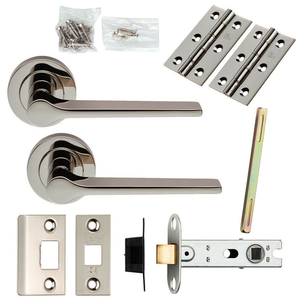 Door Handle & Latch Pack Polished Nickel Straight Lever Screwless Round
