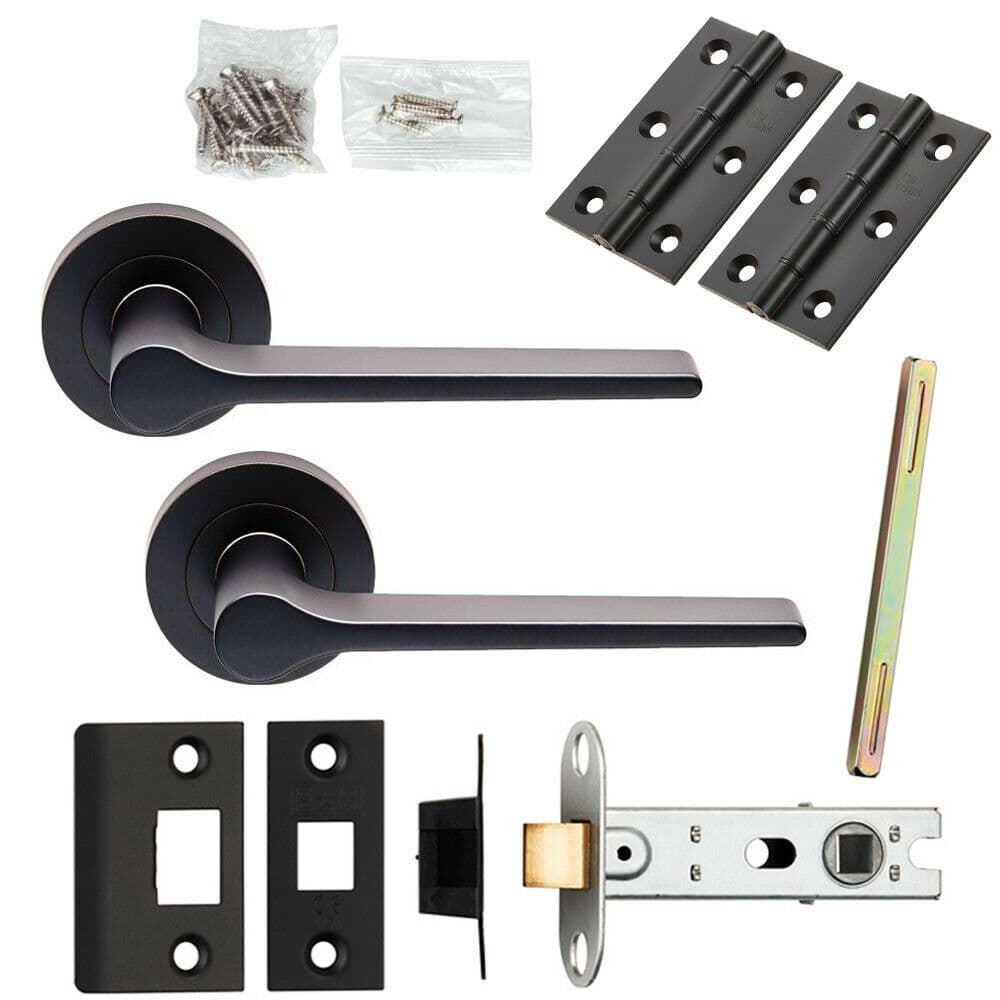 Door Handle & Latch Pack Matt Straight Rounded Bar Screwless Round Rose