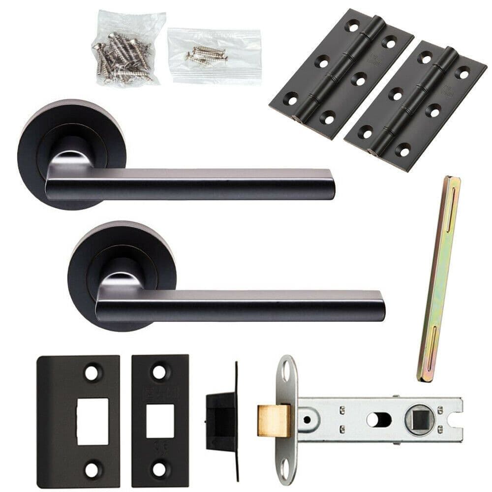 Door Handle & Latch Pack Matt Plinth Mounted Bar Screwless Round Rose