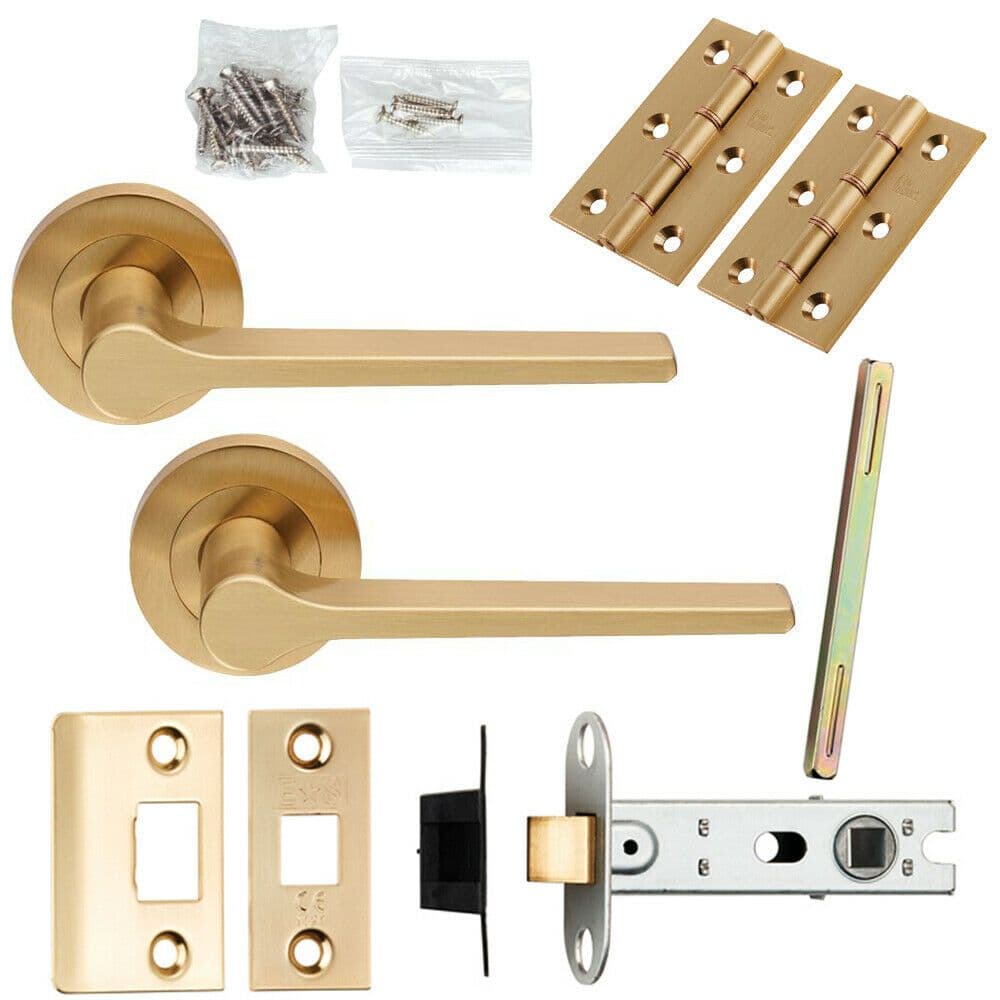 Door Handle & Latch Pack Satin Brass Straight Round Bar Screwless Round Rose