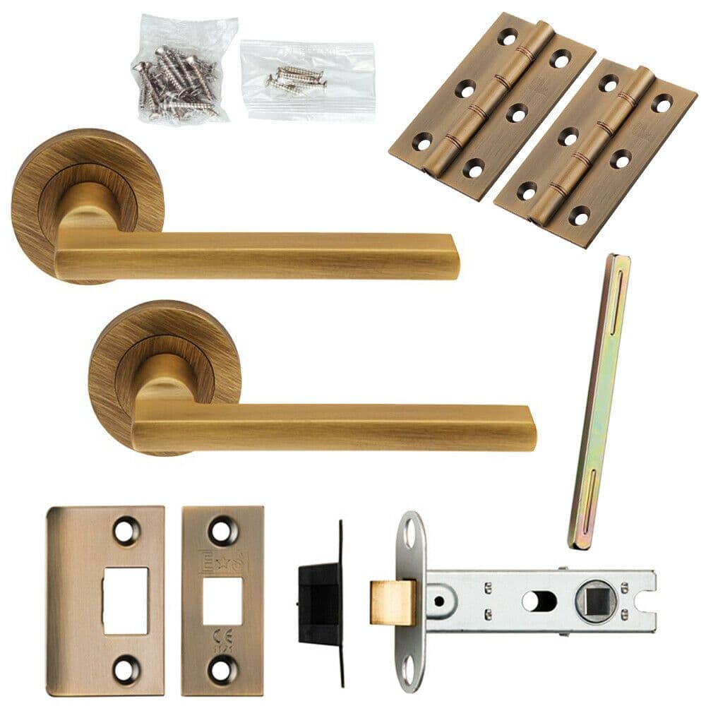 Door Handle & Latch Pack Antique Brass Plinth Mounted Bar Screwless Round