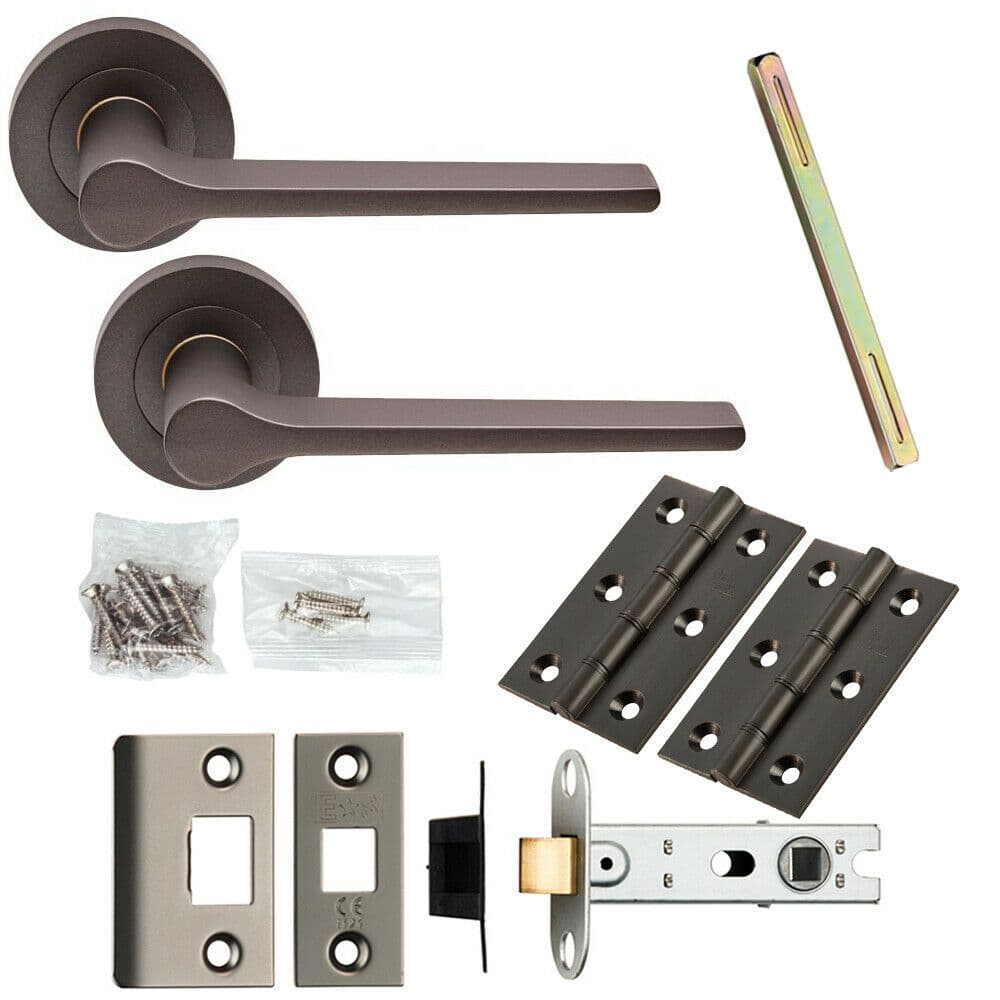 Door Handle & Latch Pack Matt Bronze Slim Rounded Lever Screwless Round Rose
