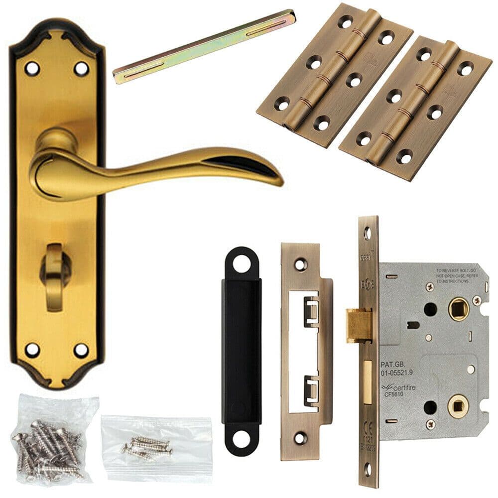 Door Handle & Bathroom Lock Pack Bronze Curved Lever Thumb Turn Backplate