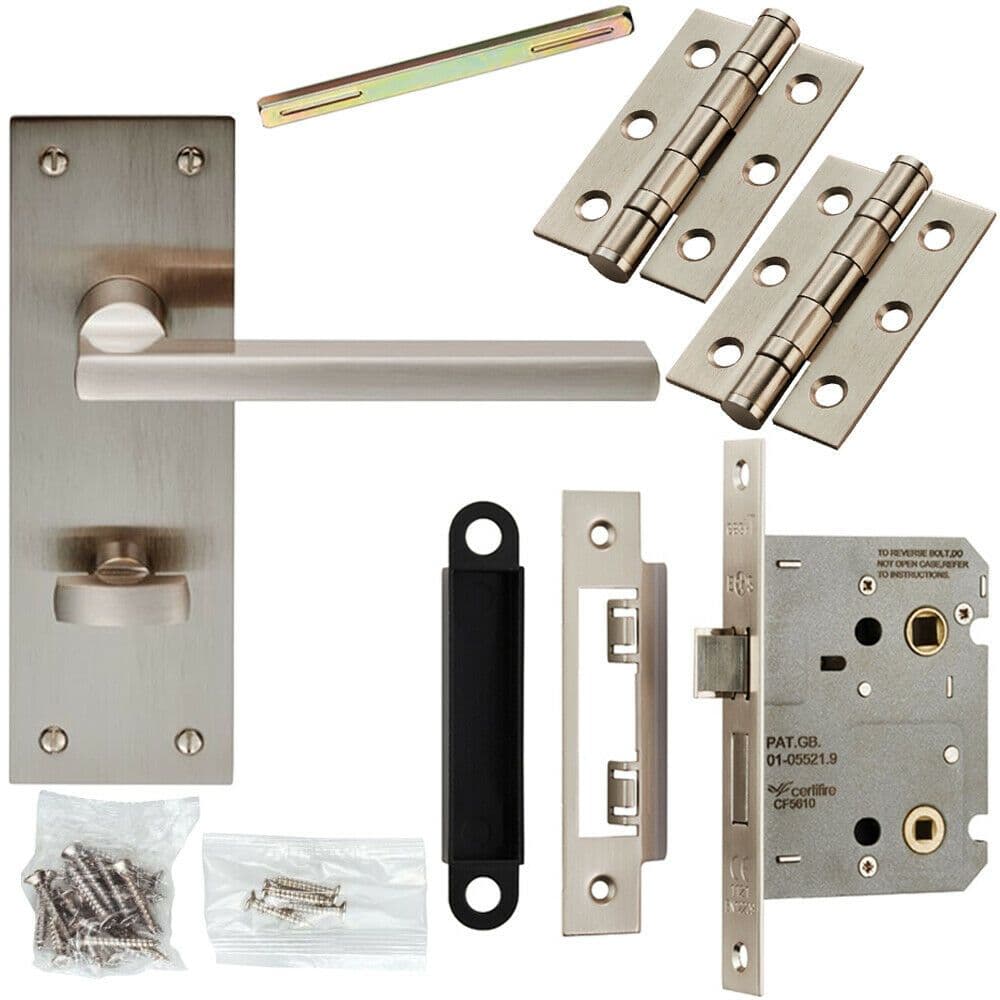 Door Handle & Bathroom Lock Pack Satin Nickel Slim Bar Low Profile Backplate